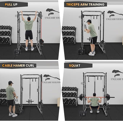 GaveeLife Power Cage, 2000 LBS Power Rack with Cable Cross-Over System, Multi-Functional Strength Training Squat Rack with LAT Pull Down System, Home Gym Equipment with Training Attachment, Red