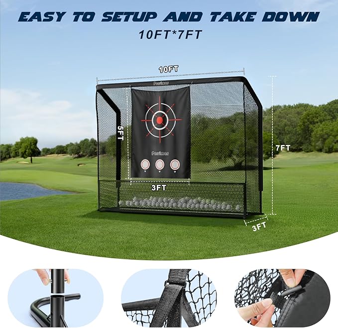 Golf Cage Practice Hitting Net,10x7ft Heavy Steel Frame with 2 Net Side Barriers,for Backyard Driving Chipping Swing Training, Home Range for Indoor& Outdoor.
