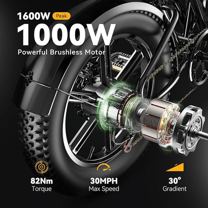Electric Bike for Adults 1500W Peak 20" Fat Tire All-Terrain E-Bike 80-120Miles 30MPH Electric Dirt Bike for Road Sand Mountain Snow - 48V 20/30AH Battery Powered Electric Motorcycle