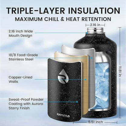 128oz Insulated Water Bottle, Triple Wall Vacuum Stainless Steel Water Bottles - Keeps Cold 48H, Reusable One Gallon Flask Jug for Gym, Sports, Camping, Hiking,Travel, Black Speckled