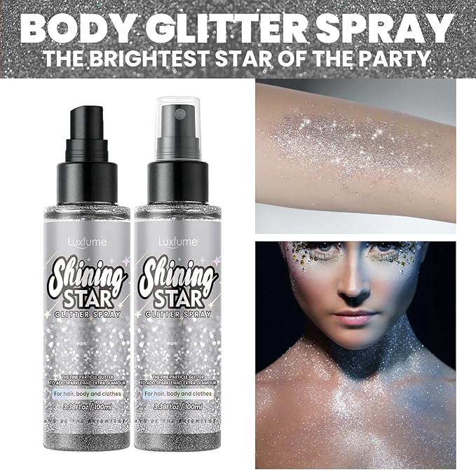 Glitter Spray for Hair and Body, Silver Body Glitter Spray, Quick-Drying and Waterproof Glitter Hairspray, Nozzles are not Easily clogged, Long-Lasting for Stage Makeup, 3.38 oz