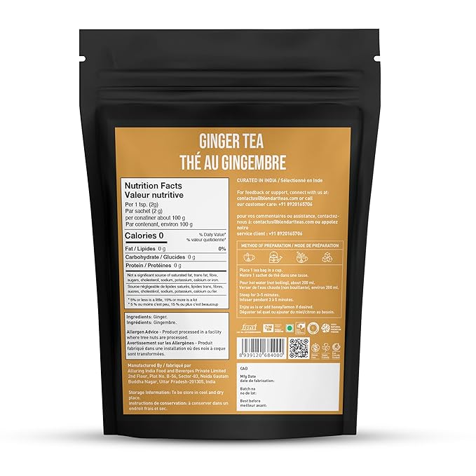 Blendart Ginger Tea Bags, 100 Teabags, 2g/bag - 100% Pure Ginger Root Tea Bag - Warm & Spicy Caffeine Free Ayurvedic Herbal Tea - Support Digestion & Boost Immunity Pyramid Teabags