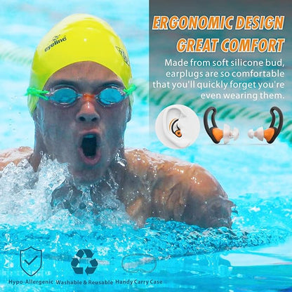 Hearprotek Ear Plugs for Swimming, [2 Pairs] Swim Ear Plugs Adults-Waterproof Silicone Water earplugs for Men Women Juniors Swimmers Pool Shower Bathing (Orange)