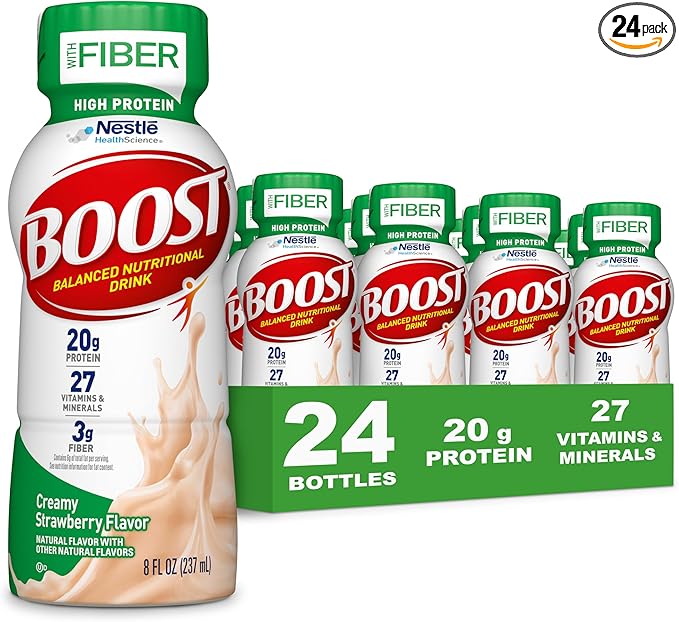 BOOST High Protein with Fiber Ready to Drink Complete Nutritional Drink, Creamy Strawberry, 8 fl oz Bottle, 24 Pack