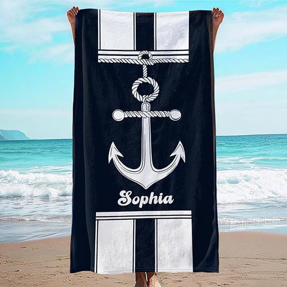 JML Personalized Beach Towel with Name, Custom Anchor Beach Towel, Customized Microfiber Pool Towel, Quick Dry & Absorbent Swim Towel for Adult,Anniversary, Birthday, Summer Holiday,Vacation