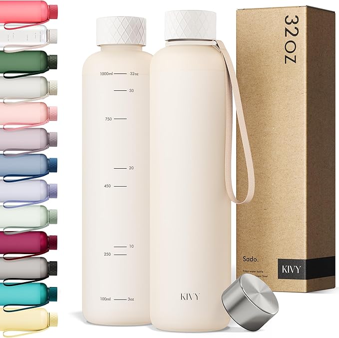 KIVY Slim Water Bottle 32oz [Lightweight & Shatterproof] Fits Backpack & Cupholder for Travel, Sports, School - Beige water bottle no straw - Cute aesthetic water bottles screw top - Dishwasher Safe