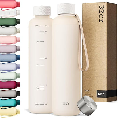 KIVY Slim Water Bottle 32oz [Lightweight & Shatterproof] Fits Backpack & Cupholder for Travel, Sports, School - Beige water bottle no straw - Cute aesthetic water bottles screw top - Dishwasher Safe