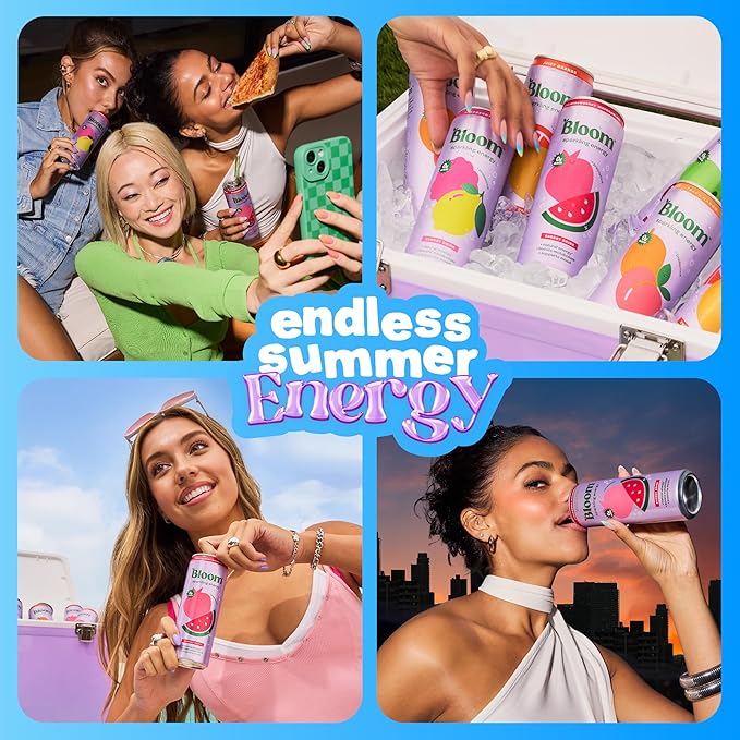 Bloom Nutrition Sparkling Energy Drink for Focus, Natural Caffeine, Zero Sugar, 180mg Caffeine, Antioxidant-Rich with Green Coffee Bean, Green Tea Extract, & Prebiotics, Raspberry Lemon 12oz 12 Pack