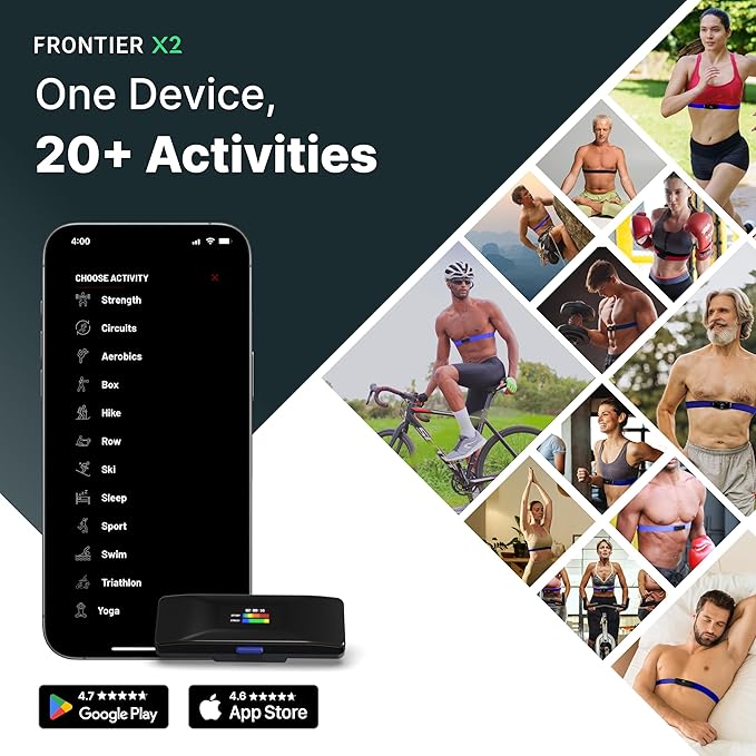 Frontier X2 Smart Heart Rate Monitor Chest Strap, Wireless Heart Health Monitor with Strain, Breathing Rate, and Fitness Tracking with Continuous Heart Rate Monitoring