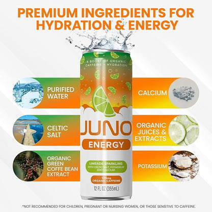 JUNO ENERGY Limeade Sparkling Energy Drink - Sugar Free Electrolytes, Energizing and Hydrating with 125mg Organic Caffeine from Green Coffee Beans, Organic Monk Fruit, Lime Juice & Electrolytes - Vegan, Gluten Free, 12 Pack