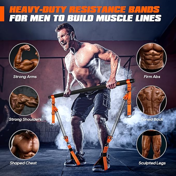 Pilates Bar Kit with Resistance Bands, Heavy Duty Pilates Equipment for Men, Strength Training Bar for Legs, Hip, Back, Arm, Abs, Chest, Shoulders, Portable Home Gym Full Body Workout Equipment