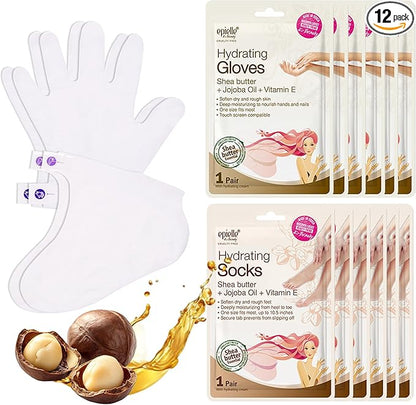 Epielle Hydrating Hand & Foot Masks 12 Pairs, Deep Moisturizing Socks & Gloves, Soften Dry Hands & Cracked Heels with Shea Butter & Jojoba Oil, Korean Skin Care, Foot Spa, Self Care Gifts for Women