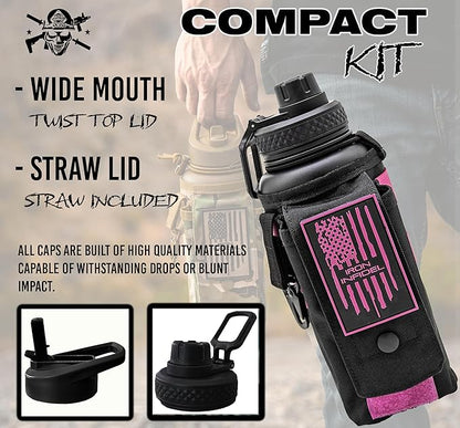 Iron Infidel Battle Bottle - 32 Oz Insulated Water Bottle with Straw Lid & Chug Cap, Stainless Steel Metal Flask Includes Rugged, Removable Sleeve for Keys, Wallet, & Phone (Black/Pink 1 Liter)