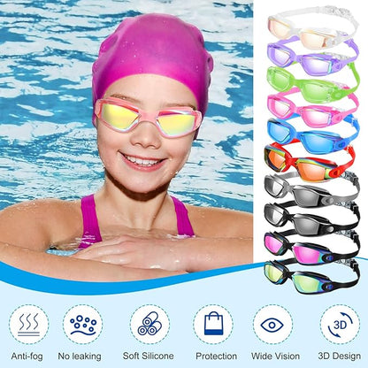 Konohan 10 Pack Swim Goggles Bulk for Kids adult Pool Goggles Anti Fog Silicone No Leak Swimming Glasses for Men Women Youth