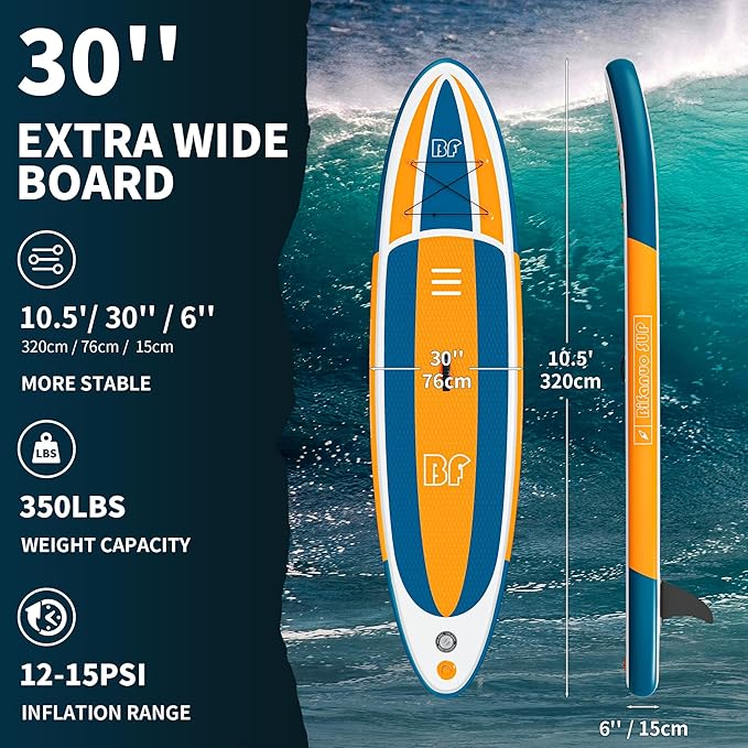Inflatable Stand Up Paddle Board with SUP Accessories & Backpack. Paddle Boards for Adults. Non-Slip Deck, Wide Stance, Bottom Fin, Double Action Pump.