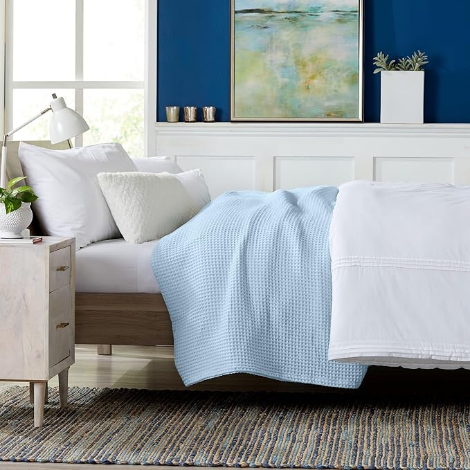 100% Cotton Waffle Weave Queen Bed Blanket | Soft, Breathable, and Lightweight Blanket for All-Seasons | Perfect for Layering | Brielle Collection (Full/Queen, Sky Blue)