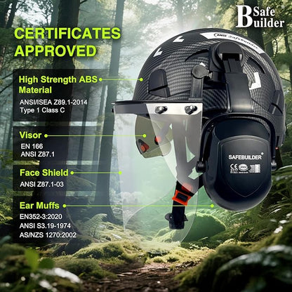 Forestry Safety Helmet with Build-in Visor Mesh Face Shield Ear Muffs 4 in 1 Chainsaw Safety Hard Hats