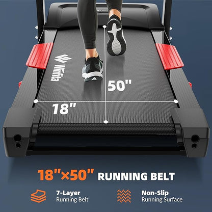 Treadmill with Incline, 300 LBS Capacity, 8 MPH or 10 MPH Speed, Bluetooth, App, Pause Function, Folding Treadmills for Home with 64 Programs, 17'' or 18'' Wide Belt, Heart Rate, BMI Detector
