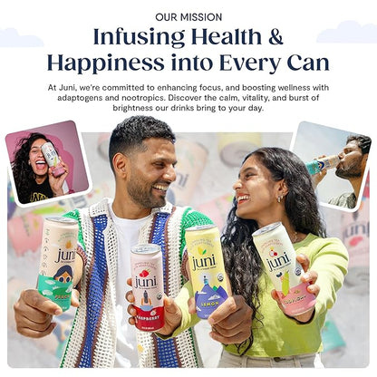 Juni Sparkling Adaptogen Drink with Ashwagandha, Lion’s Mane & Reishi Mushrooms | Green Tea for Focus, Zero Sugar, 5 Calories, Organic | Non Alcoholic Drinks - Variety Pack 12 pack