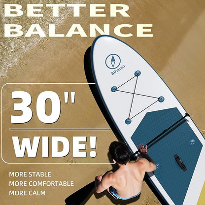 Inflatable Stand Up Paddle Board with SUP Accessories & Backpack. Paddle Boards for Adults. Non-Slip Deck, Wide Stance, Bottom Fin, Double Action Pump.