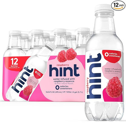 Hint Fruit-Infused Bottled Water, Raspberry - Sugar Free Flavored Water with Zero Calories, Naturally Flavored, and No Artificial Sweeteners - 16 Fl Oz (Pack of 12)