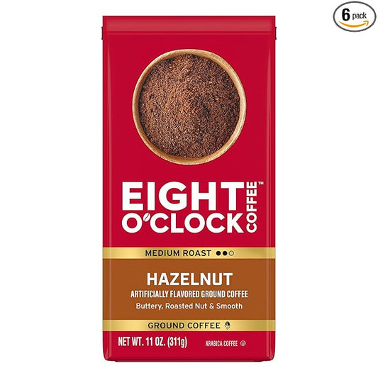 Eight O'Clock Coffee Hazelnut Ground Coffee, Medium Roast, 11 Ounce (Pack of 6) - Buttery, Smooth & Nutty