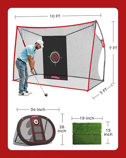 10x7ft Heavy Duty Golf Practice Net with Mat, Target Cloth, 8 Tees, 6 Balls, Carry Bag, Golf Training Net for Backyard Driving Chipping Indoor Outdoor