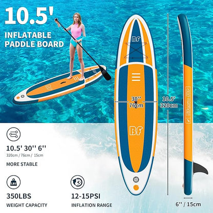Inflatable Stand Up Paddle Board with SUP Accessories & Backpack. Paddle Boards for Adults. Non-Slip Deck, Wide Stance, Bottom Fin, Double Action Pump.