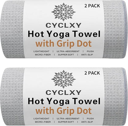 2 Pack Hot Yoga Towel with Grip Dot，Stickyfiber Yoga Mat Towels Non Slip for Hot Yoga,Absorbent Microfiber Sweat Anti-Slip Cover,Bikram,Pilates,Exercise,Fitness