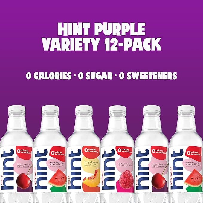 Hint Water Purple Variety Pack (Pack of 12), 16 Ounce Bottles, 3 Bottles Each of: Raspberry, Watermelon, Cherry, and Peach, Zero Calories, Zero Sugar and Zero Sweeteners