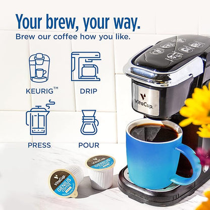 Genius Vanilla Keto Coffee Pods by VitaCup w/MCT Oil, Turmeric, B Vitamins, & D3 for Energy & Focus in Recyclable Single Serve Pod Compatible with K-Cup Brewers Including Keurig 2.0, 32 CT