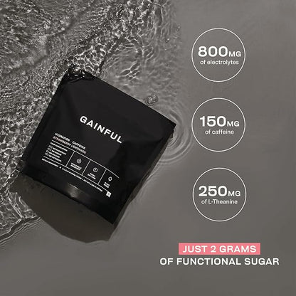 Gainful Hydration + Caffeine Powder Packets with Key Electrolytes Magnesium & Sodium + L Theanine, Low Sugar Drink Mix, Strawberry Lemonade, 21 Sticks