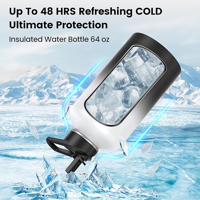 Insulated Water Bottle 64 oz, Triple Wall Vacuum Stainless Steel(Cold for 48 Hrs),Leak Proof & BPA-Free,Half Gallon Water Bottle with Reflective Paracord & Flip Straw for Sports & Travel, DarkGray