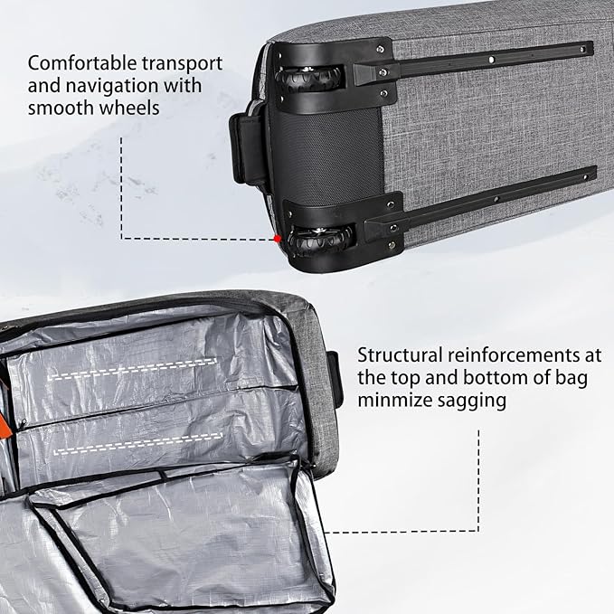 Goloni Ski Bag with Wheels,Padded Snowboard Bag for Air Travel,600D Waterproof Fabric,Foldable Snow Bag Fits 2 Pairs Skis
