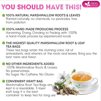 FreshDrinkUS, Premium 75 Marshmallow Root and Leaf Tea Bags, 100% Natural & Pure. Loose Leaf Marshmallow Herbal Tea. Made with Eco-Conscious Tea Bags. No Sugar, No Caffeine, No Gluten, Vegan.