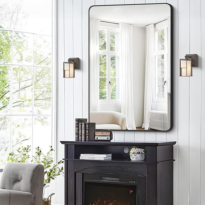 FORBATH Black Bathroom Mirror, Rectangular Vanity Mirror 30 x 48 Inch Wall Rounded Corner Metal Framed Bathroom Mirror for Living Room Bedroom Entryway Decor (Horizontal/Vertical)