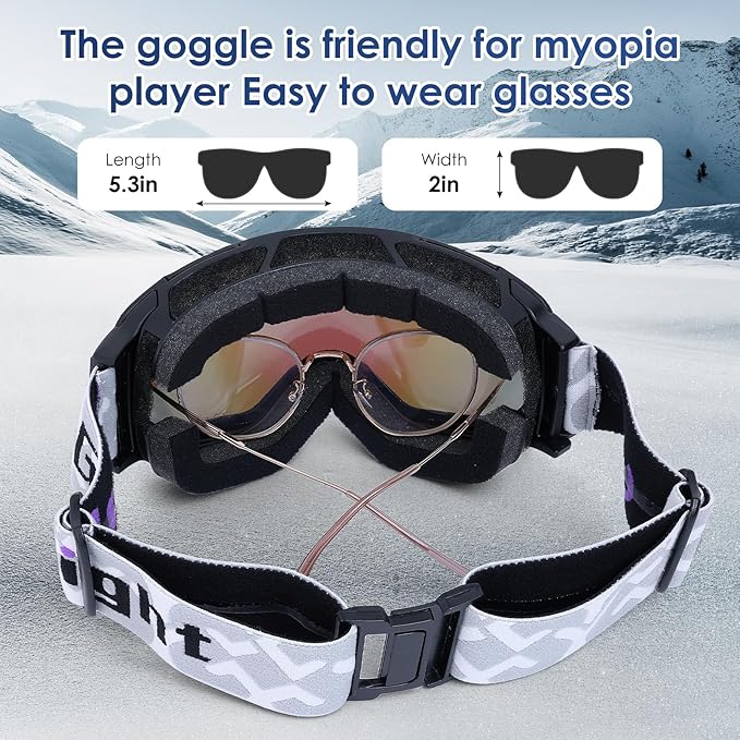 GoLight OTG Anti-Fog Ski Goggles for Men Women ??Spherical REVO Lens, UV400, Breathable TPU Frame, Adjustable Non-Slip Strap