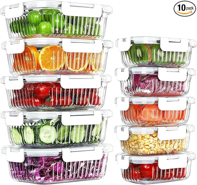 10 Packs Glass Food Storage Containers Set, Glass Meal Prep Containers with Lids, Airtight Lunch Containers, Microwave, Oven, Freezer and Dishwasher Safe, White