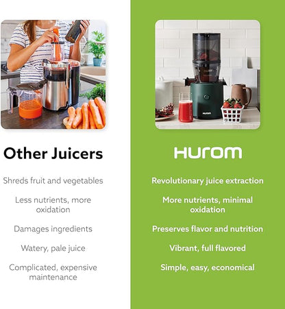 Hurom H320 Cold Press Juicer Machine, Easy to Clean Masticating Slow Juicer, Coarse Strainers, Self-Feeding, Hands Free, Family Size, Quiet Motor, Easy Assembly (Kale/Dark Green)