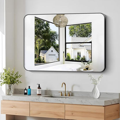 36x48 inch Bathroom Mirror,Black Rectangle Mirror,Wall Mounted Bathroom Frame Vanity Mirror with Round Corner for Bedroom Living Room, Entryway Hangs Horizontal or Vertical