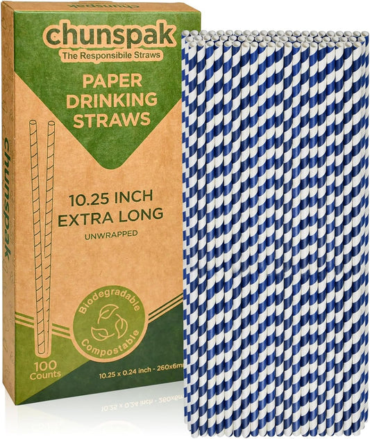 10 Inch Long Disposable Drinking Straws Paper - Navy Blue Striped, 100 Counts - 100% Biodegradable