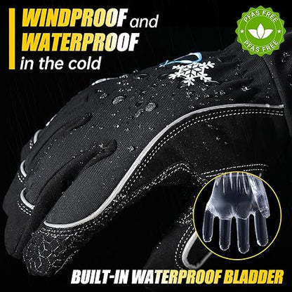 HANDLANDY Waterproof Insulated Work Gloves, 3M Thinsulate Thermal Winter Gloves for Men Women Touch Screen, Warm Ski Snowboard Cold Weather Gloves (Black, X-Large)