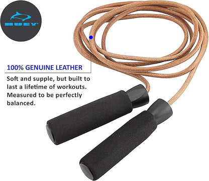 HUEY Sport Leather Jump Rope Skipping Rope for Speed Quiet Training Boxing MMA Cardio Crossfit Fitness Workout Indoor and Outside Exercise for Adult Kids Men and Women (5.5 oz)