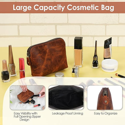 Leather Cosmetic Bags Make Up Bags for Women - Handmade Makeup Case Small Makeup Bags Jewelry Coin Pouch, Toiletry Bag for Men, Travel Cosmetic Pouch For Purse