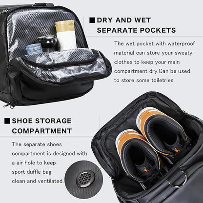40L Travel Duffle Bag, 4-in-1 Large Gym Bag with Shoe & Wet Clothes and Laptop Compartments, Black