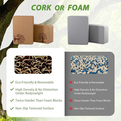 Cork Yoga Blocks 2 Pack Set, Natural Cork Soft Non-Slip Yoga Blocks, High Density & Eco Friendly Yoga Accessories for Women| Men, Ideal for Yoga, Pilates, Stretching and Toning