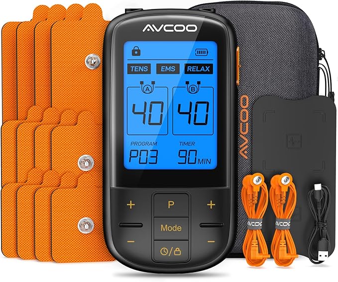 3-in-1 TENS Unit with 32 Modes, Dual Channel EMS Muscle Stimulator with 40 Intensities for Gradual Pain Relief Therapy, Rechargeable Electronic Pulse Massager with 12 Electrode Pads, EVA Case