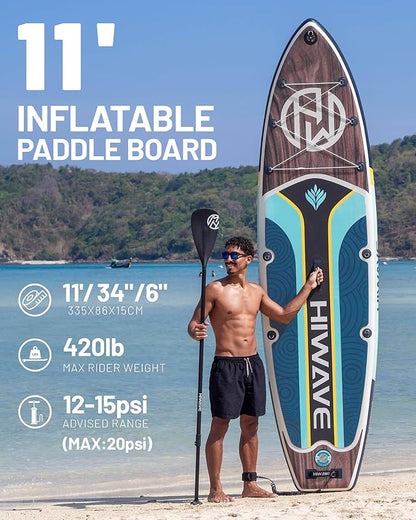 Inflatable Paddle Board 11 '* 34 "* 6" Extra Wide Sup Board, 420lb Capacity Paddle Board for Adults, Suitable for Sea and Lakes, 2+1Family Board