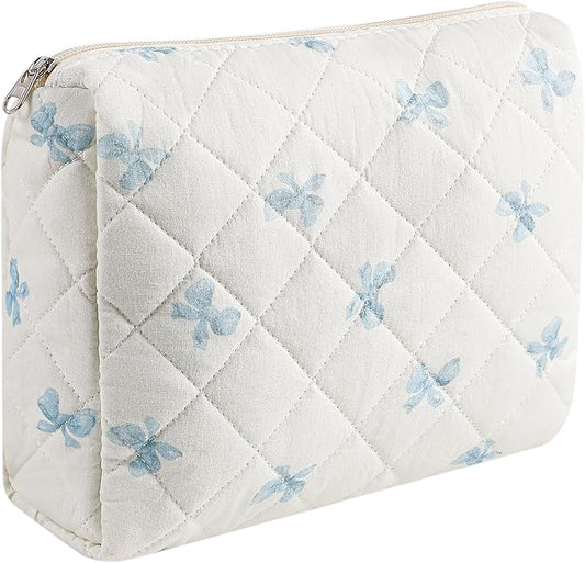 Large Quilted Cotton Makeup Bag Cosmetic Bag for Women, Cute Large Floral Cotton Travel Cosmetic Bag, Zipper Toiletry Bag Makeup Organizer Storage Bag (Blue Bow Tie)