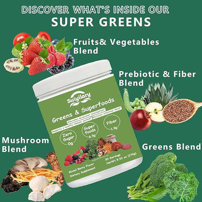 Greens Superfoods Powder for Digestive Health, Sugar Free Super Greens Powder, Spirulina, Chlorella for Bloating & Gut Support, Daily Support for Women, 30 Servings, Mixd Berry